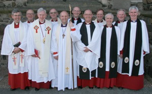 Archdeacon Stephen Forde front, Canon William Bell back, Dean John Bond front, Canon George Irwin back, Rt. Rev. Alan Abernethy Bishop of Connor, Canon Ernest Harris back, Archdeacon Stephen McBride front, Canon George Graham back, Chancellor Stuart Lloyd front, Canon Percival Walker back, Canon Sam Wright front.